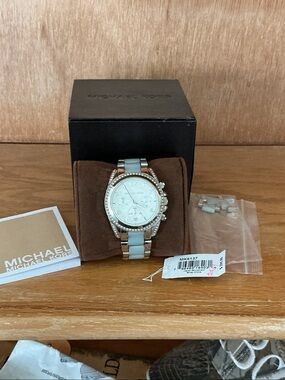 Michael Kors Rose Gold and White Women's Chronograph Watch with Crystal Bezel